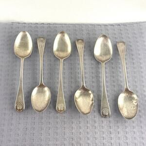 6 Antique English Sterling Silver Spoons Georgian Revival Clam Shell Set 94g